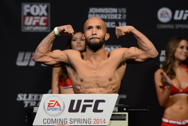 December 13, 2013; Sacramento, CA, USA; UFC flyweight championship fighter Demetrious Johnson participates in the official weigh-in for UFC on FOX 9 at Sleep Train Arena. Mandatory Credit: Kyle Terada-USA TODAY Sports
