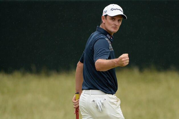 ARDMORE, PA - JUNE 16:  Justin Rose of England celebrates on the 13th green during the final round of the 113th U.S. Open at Merion Golf Club on June 16, 2013 in Ardmore, Pennsylvania.  (Photo by Ross Kinnaird/Getty Images)