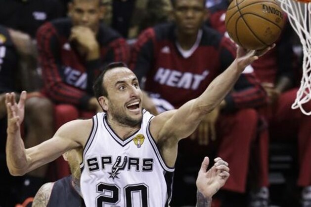 FILE - In this file photo taken June 8, 2014, San Antonio Spurs guard Manu Ginobili (20) shoots against the Miami Heat during the second half in Game 2 of the NBA basketball finals in San Antonio. Miami Heat guard Dwyane Wade became the latest recipient of a flopping fine from the NBA on Monday, June 9 ordered to give up $5,000 after the league found he over-exaggerated a foul charged to San Antonio's Manu Ginobili in Game 2 of the finals. The foul was Ginobili's third of the half, sending him to the bench. (AP Photo/Tony Gutierrez, File) FILE - In this file photo taken June 8, 2014, San Antonio Spurs guard Manu Ginobili (20) shoots against the Miami Heat during the second half in Game 2 of the NBA basketball finals in San Antonio. Miami Heat guard Dwyane Wade became the latest recipient of a flopping fine from the NBA on Monday, June 9 ordered to give up $5,000 after the league found he over-exaggerated a foul charged to San Antonio's Manu Ginobili in Game 2 of the finals. The foul was Ginobili's third of the half, sending him to the bench. (AP Photo/Tony Gutierrez, File)
