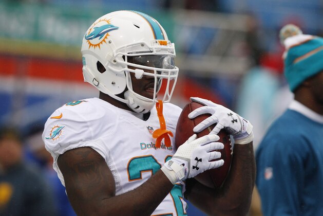 Miami Dolphins running back Lamar Miller (26) warms up before an NFL football game against the Buffalo Bills  on Sunday, Dec. 22, 2013, in Orchard Park, N.Y. (AP Photo/Bill Wippert)