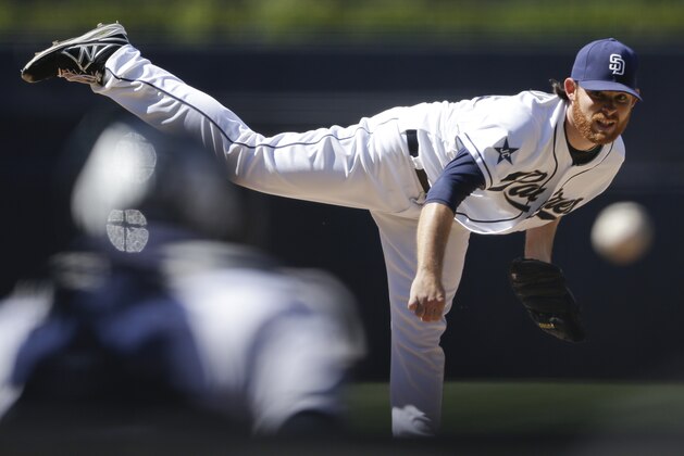 San Diego Padres starting pitcher Ian Kennedy pitches to a Pittsburgh Pirates batter during the first inning of a baseball game Wednesday, June 4, 2014, in San Diego. (AP Photo/Gregory Bull)