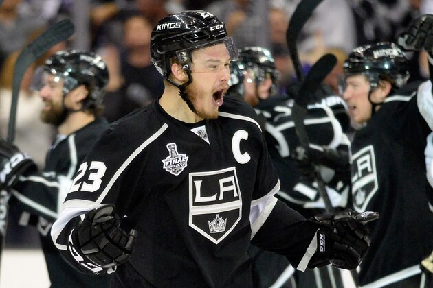 LOS ANGELES, CA - JUNE 07:  Dustin Brown #23 of the Los Angeles Kings celebrates his double overtime game winner against the New York Rangers during Game Two of the 2014 NHL Stanley Cup Final at the Staples Center on June 7, 2014 in Los Angeles, California.  (Photo by Harry How/Getty Images)