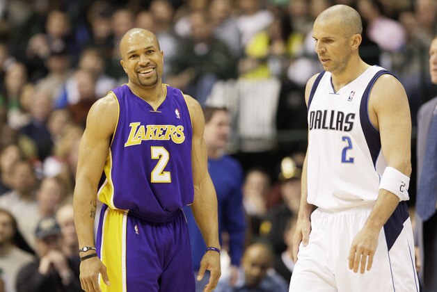 Los Angeles Lakers' Derek Fisher (2) and Dallas Mavericks' Jason Kidd, right, during an NBA basketball game,  Wednesday, Feb. 24, 2010, in Dallas. (AP Photo/Tony Gutierrez)