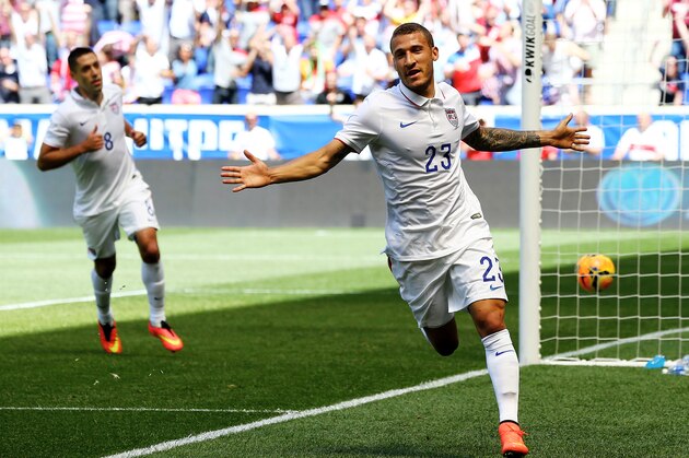 HARRISON, NJ - JUNE 01:  Fabian Johnson #23 of the United States celebrates his goal in the first half against the Turkey during an international friendly match at Red Bull Arena on June 1, 2014 in Harrison, New Jersey.  (Photo by Elsa/Getty Images)