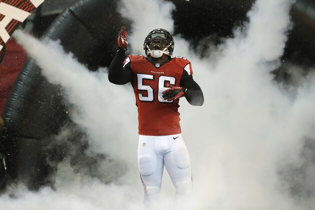 Atlanta Falcons outside linebacker Sean Weatherspoon (56) takes there field before the first half of an NFL football game against the Washington Redskins, Sunday, Dec. 15, 2013, in Atlanta. (AP Photo/John Bazemore)