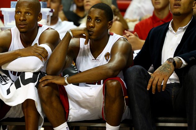 MIAMI, FL - JUNE 10:  Ray Allen #34 and Mario Chalmers #15 of the Miami Heat look on from the bench against the San Antonio Spurs during Game Three of the 2014 NBA Finals at American Airlines Arena on June 10, 2014 in Miami, Florida. NOTE TO USER: User expressly acknowledges and agrees that, by downloading and or using this photograph, User is consenting to the terms and conditions of the Getty Images License Agreement.  (Photo by Andy Lyons/Getty Images)
