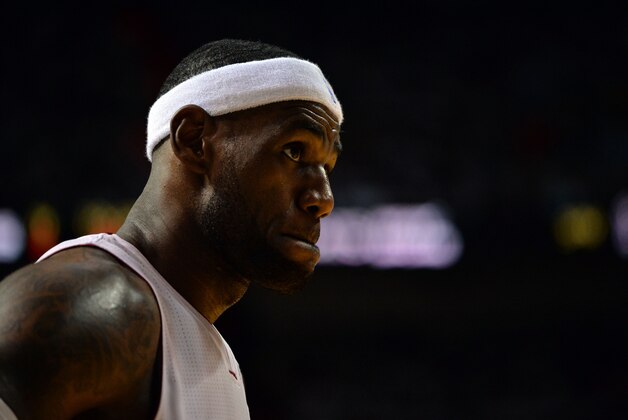 Jun 10, 2014; Miami, FL, USA; Miami Heat forward LeBron James (6) reacts during the fourth quarter of game three of the 2014 NBA Finals against the San Antonio Spurs at American Airlines Arena. Mandatory Credit: Steve Mitchell-USA TODAY Sports