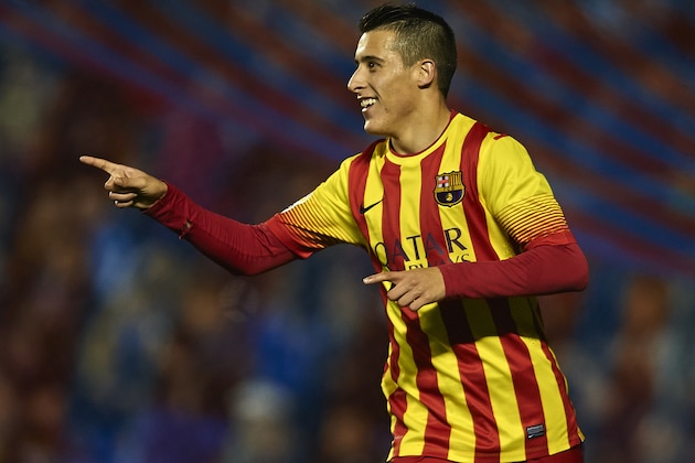 VALENCIA, SPAIN - JANUARY 22:  Cristian Tello of Barcelona celebrates after scoring during the Copa del Rey Quarter Final First Leg match between Levante UD and FC Barcelona at Ciutat de Valencia on January 22, 2014 in Valencia, Spain.  (Photo by Manuel Queimadelos Alonso/Getty Images)