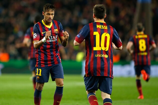 Barcelona's Neymar, left, celebrates with teammate Lionel Messi after scoring his side's first goal during a first leg quarterfinal Champions League soccer match between Barcelona and Atletico Madrid at the Camp Nou stadium in Barcelona, Spain, Tuesday April 1, 2014. (AP Photo/Emilio Morenatti) Barcelona's Neymar, left, celebrates with teammate Lionel Messi after scoring his side's first goal during a first leg quarterfinal Champions League soccer match between Barcelona and Atletico Madrid at the Camp Nou stadium in Barcelona, Spain, Tuesday April 1, 2014. (AP Photo/Emilio Morenatti)
