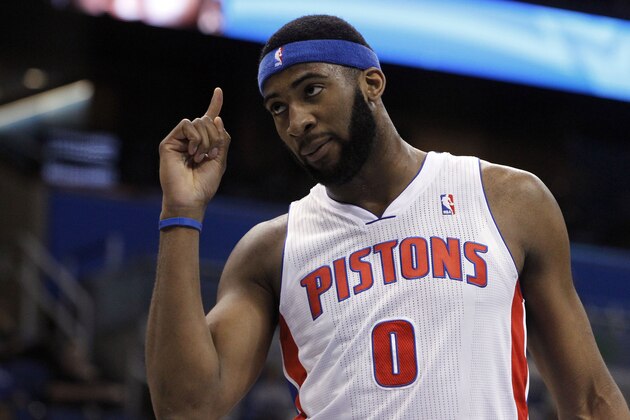Feb 5, 2014; Orlando, FL, USA; Detroit Pistons center Andre Drummond (0) points up against the Orlando Magic during the first quarter at Amway Center. Mandatory Credit: Kim Klement-USA TODAY Sports