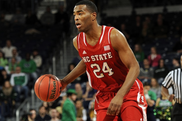 North Carolina State guard T.J. Warren heads up court in the second half of an NCAA college basketball game , Tuesday, Jan. 7, 2014 in South Bend, Ind. NC State won 77-70 with Warren leading the Wolfpack with 17 points. (AP  Photo/Joe Raymond)