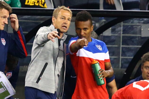 Apr 2, 2014; Glendale, AZ, USA; USA head coach Jurgen Klinsmann (left) talks to forward Julian Green in the second half against Mexico during a friendly match at University of Phoenix Stadium. The game ended in a 2-2 tie. Mandatory Credit: Mark J. Rebilas-USA TODAY Sports
