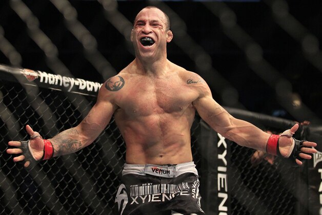 Wanderlei Silva, from Brazil, celebrates after beating Cung Le during the second round of a UFC 139 Mixed Martial Arts middleweight bout in San Jose, Calif., Saturday, Nov. 19, 2011. Silva won by TKO in the second round. (AP Photo/Jeff Chiu)