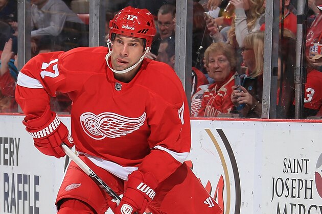 DETROIT, MI - MARCH 7: David Legwand #17 of the Detroit Red Wings looks to pass the puck against the New Jersey Devils during an NHL game on March 7, 2014 at Joe Louis Arena in Detroit, Michigan. Detroit defeated New Jersey 7-4. (Photo by Dave Reginek/NHLI via Getty Images)