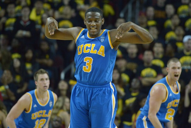 Feb 8, 2014; Los Angeles, CA, USA; UCLA Bruins guard Jordan Adams (3) celebrates during the second half against the Southern California Trojans at Galen Center. UCLA defeated USC 83-73. Mandatory Credit: Kirby Lee-USA TODAY Sports