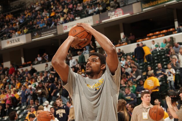 INDIANAPOLIS - MARCH 11: Andrew Bynum #17 of the Indiana Pacers warms up before the game against the Boston Celtics at Bankers Life Fieldhouse on March 11, 2014 in Indianapolis, Indiana.  NOTE TO USER: User expressly acknowledges and agrees that, by downloading and or using this Photograph, user is consenting to the terms and condition of the Getty Images License Agreement. Mandatory Copyright Notice: 2014 NBAE  (Photo by Ron Hoskins/NBAE via Getty Images)