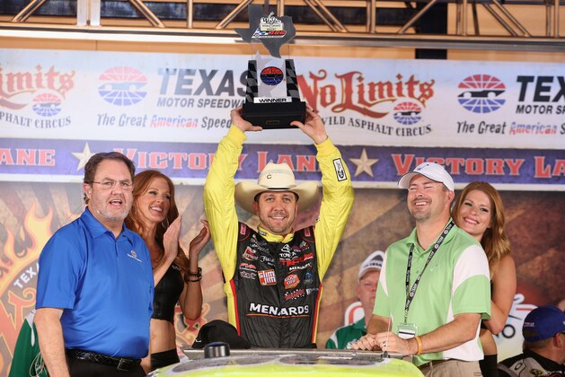 FORT WORTH, TX - JUNE 06:  Matt Crafton, driver of the #88 Slim Jim/Menards Toyota, celebrates in victory lane with (L) Texas Motor Speedway President Eddie Gossage after winning the NASCAR Camping World Truck Series WinStar World Casino & Resort 400 at Texas Motor Speedway on June 6, 2014 in Fort Worth, Texas.  (Photo by Chris Graythen/Getty Images for Texas Motor Speedway)