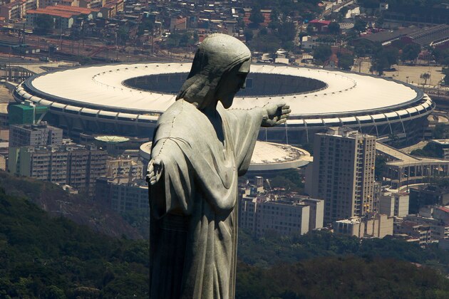 RIO DE JANEIRO, BRAZIL - NOVEMBER 12:  An aerial view of the Christ The Redeemer statue (F) and the Maracana Stadium (B) on November 12, 2013 in Rio de Janeiro, Brazil.  (Photo by Buda Mendes/Getty Images)