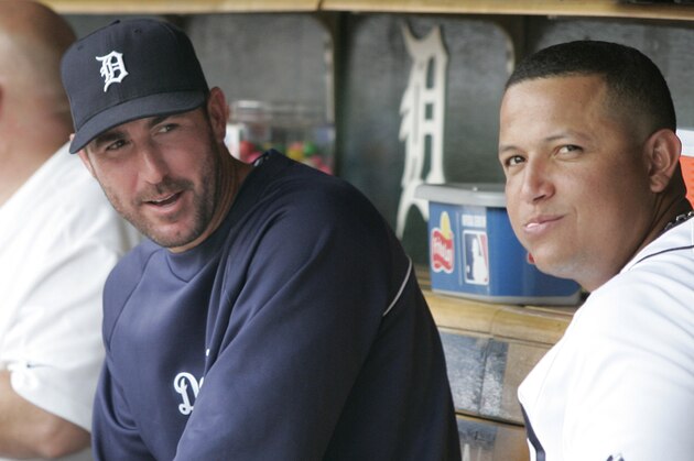 Detroit Tigers' Justin Verlander, left, and Miguel Cabrera visit in the dugout during a baseball game against the Kansas City Royals Sunday, July 8, 2012, in Detroit. (AP Photo/Duane Burleson)