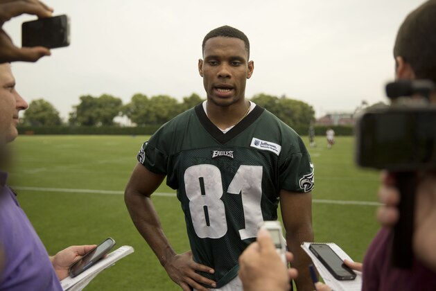 Philadelphia Eagles' Jordan Matthews speaks with members of the media after an NFL football organized team activity Monday, June 9, 2014, in Philadelphia. (AP Photo/Matt Rourke)