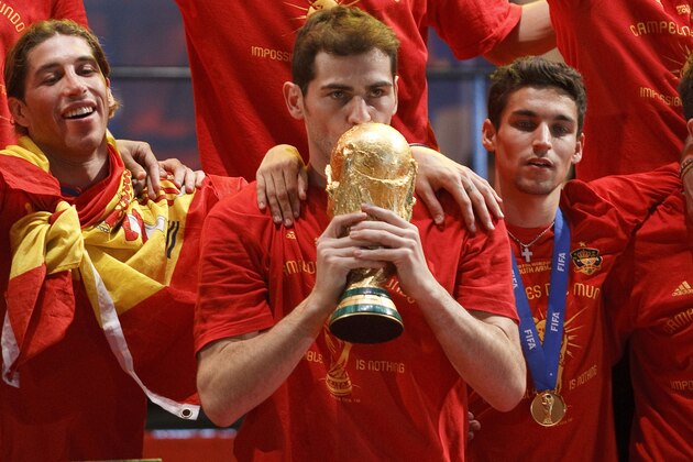 MADRID, SPAIN - JULY 12: Spanish goalkeeper and capitain Iker Casillas kisses the cup on a stage set up for the Spanish team victory ceremony on July 12, 2010 in Madrid, Spain. Spain won the 2010 FIFA football World Cup match against the Netherlands in Johannesburg on July 11.   (Photo by Angel Martinez/Getty Images)