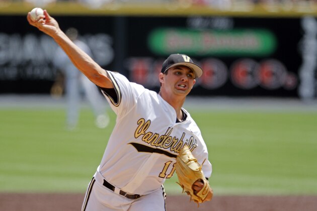 Vanderbilt pitcher Tyler Beede throws to a Stanford batter during first inning of an NCAA college baseball Super Regional tournament game Friday, June 6, 2014, in Nashville, Tenn. (AP Photo/Wade Payne)