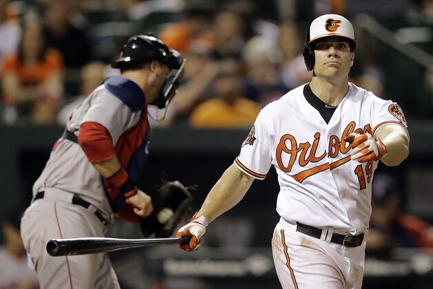 Baltimore Orioles' Chris Davis reacts after striking out swinging to end the seventh inning of a baseball game against the Boston Red Sox, Tuesday, June 10, 2014, in Baltimore. Boston won 1-0. (AP Photo/Patrick Semansky)