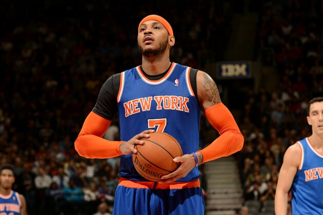 TORONTO, CANADA - April 11: Carmelo Anthony #7 of the New York Knicks attempts a free throw against the Toronto Raptors on April 11, 2014 at the Air Canada Centre in Toronto, Ontario, Canada.  NOTE TO USER: User expressly acknowledges and agrees that, by downloading and or using this Photograph, user is consenting to the terms and conditions of the Getty Images License Agreement.  Mandatory Copyright Notice: Copyright 2014 NBAE (Photo by Ron Turenne/NBAE via Getty Images)