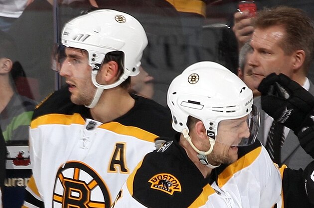OTTAWA, CANADA - FEBRUARY 18: Dennis Seidenberg #44 of the Boston Bruins celebrates his third period goal against the Ottawa Senators with teammates Michael Ryder #73 Mark Recchi #28 Patrice Bergeron #37 Tyler Seguin #19 Daniel Paille #20 at Scotiabank Place on February 18, 2011 in Ottawa, Ontario, Canada.  (Photo by Jana Chytilova/NHLI via Getty Images)