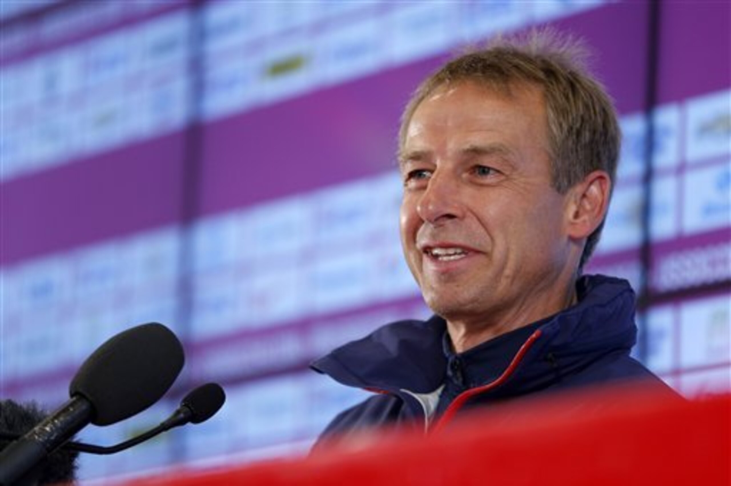 United States' head coach Juergen Klinsmann talks during a news conference at the Sao Paulo FC training center in Sao Paulo, Brazil, Wednesday, June 11, 2014. The U.S. will play in group G of the 2014 soccer World Cup. (AP Photo/Julio Cortez)