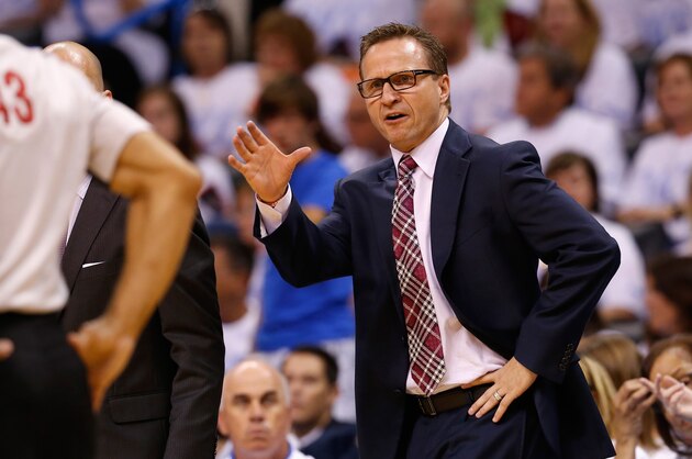 OKLAHOMA CITY, OK - MAY 31:  Oklahoma City Thunder head coach Scott Brooks waits on the court in the second half against the San Antonio Spurs during Game Six of the Western Conference Finals of the 2014 NBA Playoffs at Chesapeake Energy Arena on May 31, 2014 in Oklahoma City, Oklahoma. NOTE TO USER: User expressly acknowledges and agrees that, by downloading and or using this photograph, User is consenting to the terms and conditions of the Getty Images License Agreement.  (Photo by Ronald Martinez/Getty Images)
