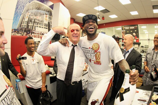 MIAMI, FL - JUNE 20: President of the Miami Heat Pat Riley celebrates with LeBron James #6 of the Miami Heat and his good luck Nike sneaker eyelet after defeating the San Antonio Spurs in Game Seven of the 2013 NBA Finals on June 20, 2013 at American Airlines Arena in Miami, Florida. NOTE TO USER: User expressly acknowledges and agrees that, by downloading and or using this photograph, User is consenting to the terms and conditions of the Getty Images License Agreement. Mandatory Copyright Notice: Copyright 2013 NBAE (Photo by Nathaniel S. Butler/NBAE via Getty Images)
