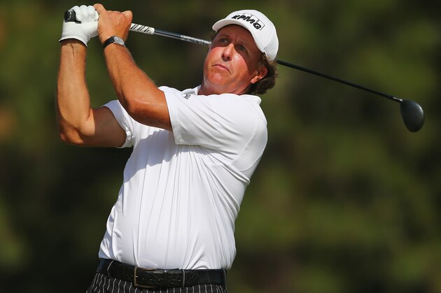 PINEHURST, NC - JUNE 10:  Phil Mickelson of the United States hits a tee shot during a practice round prior to the start of the 114th U.S. Open at Pinehurst Resort & Country Club, Course No. 2 on June 10, 2014 in Pinehurst, North Carolina.  (Photo by Tyler Lecka/Getty Images)