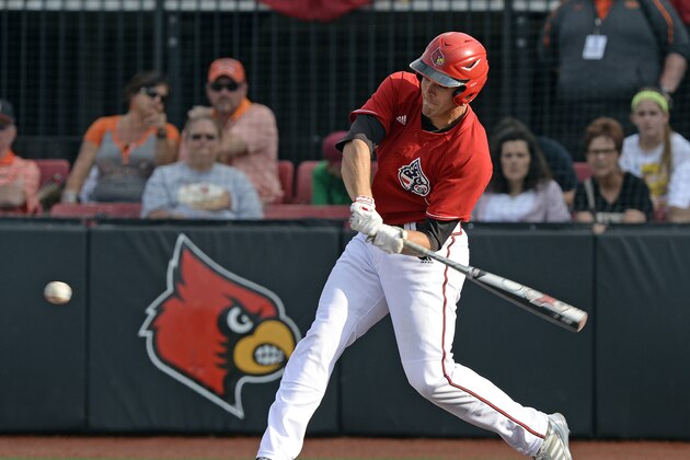 Louisville's Jeff Gardner hits a double during the eigth inning of an NCAA college baseball tournament regional game against Oklahoma State, Sunday, June 2, 2013, in Louisville, Ky. Louisville defeated Oklahoma State 12-3. (AP Photo/Timothy D. Easley)