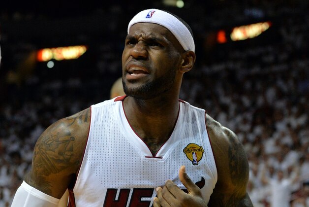 Jun 10, 2014; Miami, FL, USA; Miami Heat forward LeBron James (6) reacts during the first quarter of game three of the 2014 NBA Finals against the San Antonio Spurs at American Airlines Arena. Mandatory Credit: Steve Mitchell-USA TODAY Sports
