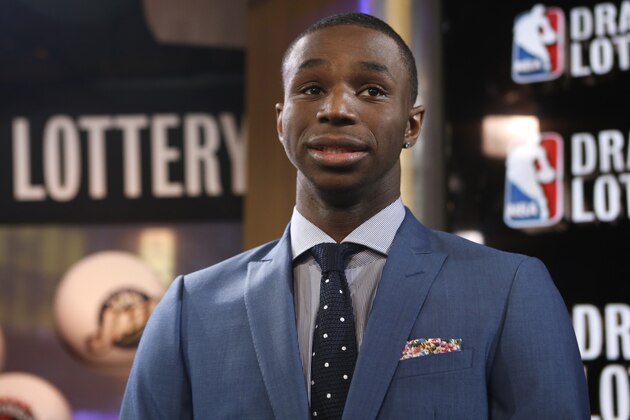 Top NBA draft prospect Andrew Wiggins of Kansas prepares for an interview during the NBA draft lottery in New York, Tuesday, May 20, 2014.  (AP Photo/Kathy Willens)