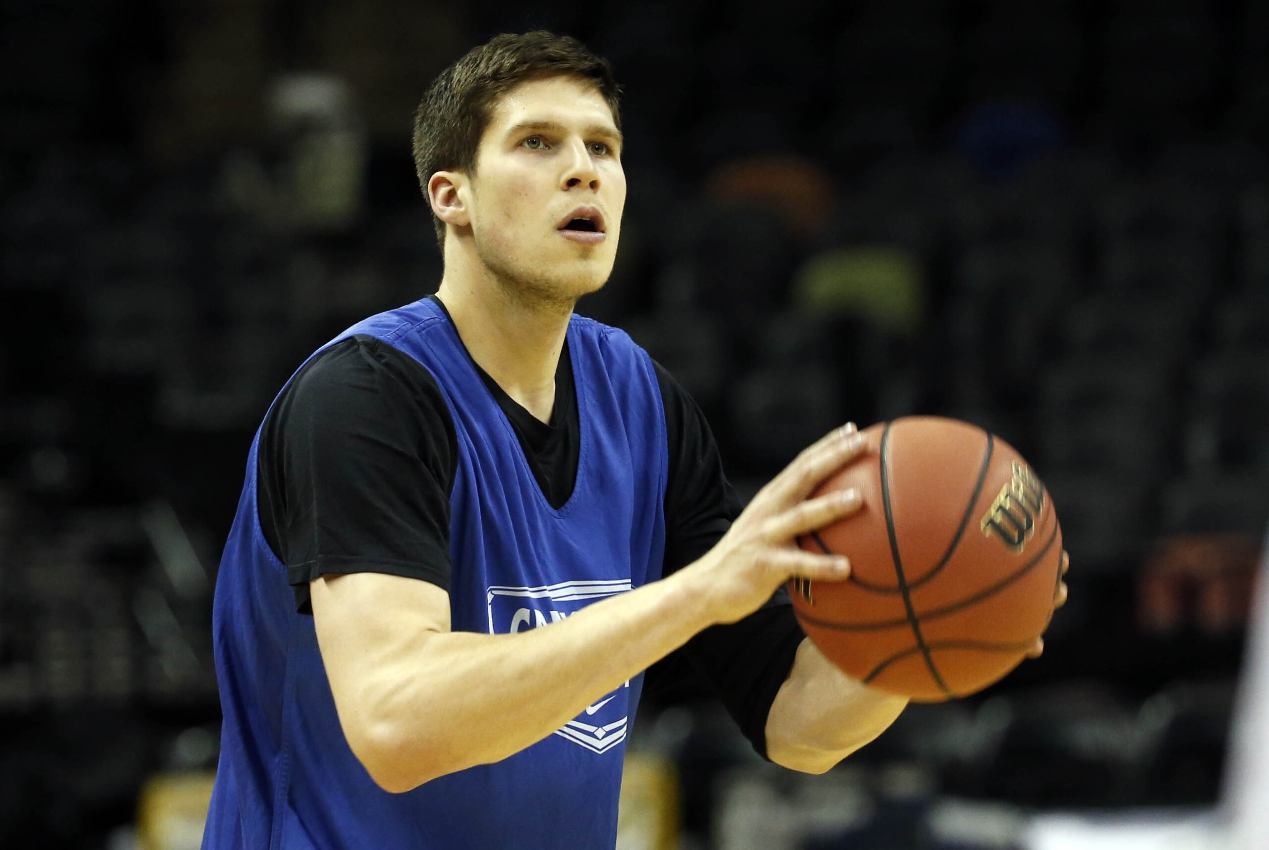 Mar 20, 2014; San Antonio, TX, USA; Creighton Bluejays forward Doug McDermott (3) shoots during practice before the second round of the 2014 NCAA Tournament at AT&T Center. Mandatory Credit: Kevin Jairaj-USA TODAY Sports