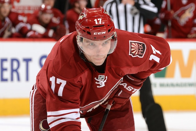 GLENDALE, AZ - APRIL 13:  Radim Vrbata #17 of the Phoenix Coyotes gets ready during a facoff against the Dallas Stars at Jobing.com Arena on April 13, 2014 in Glendale, Arizona.  (Photo by Norm Hall/NHLI via Getty Images)