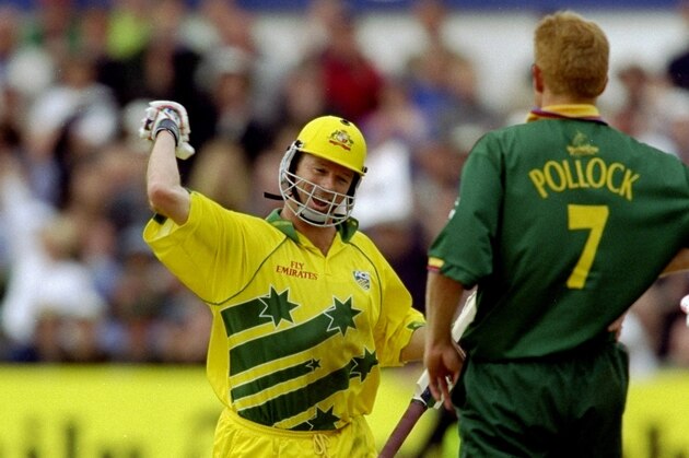 13 Jun 1999:  Steve Waugh of Australia punches the air after leading his team to victory over South Africa in the World Cup Super Six match at Headingley in Leeds, England. Waugh scored 120 not out as Australia won by 5 wickets to join South Africa in the semi-finals. \ Mandatory Credit: Clive Mason /Allsport