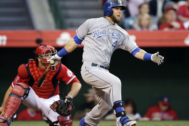 Kansas City Royals' Alex Gordon hits an RBI single during the first inning of a baseball game against the Los Angeles Angels on Friday, May 23, 2014, in Anaheim, Calif. (AP Photo/Jae C. Hong)