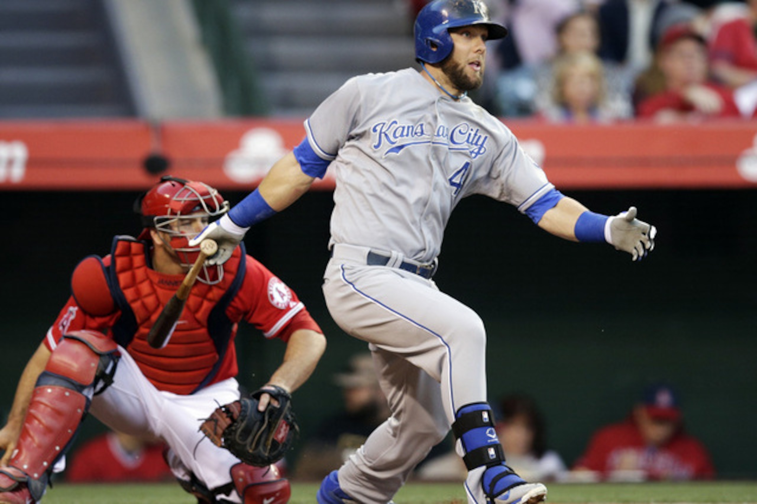 Kansas City Royals' Alex Gordon hits an RBI single during the first inning of a baseball game against the Los Angeles Angels on Friday, May 23, 2014, in Anaheim, Calif. (AP Photo/Jae C. Hong)