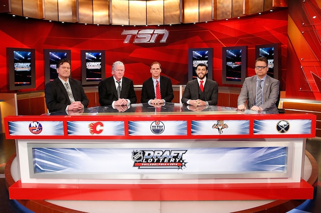 TORONTO, ON - APRIL 15: National Hockey League team representatives attend the 2014 NHL Draft Lottery on April 15, 2014 at the TSN Studios in Toronto, Ontario. Seated (L-R) are Trent Klatt, head amateur scout, New York Islanders; Brian Burke, president-hockey operations, Toronto Maple Leafs; Scott Howson, senior vice president-hockey operations, Edmonton Oilers; Travis Viola, vice president-hockey operations, Florida Panthers and Tim Murray, general manager, Buffalo Sabres. (Photo by Bill Wippert/NHLI via Getty Images)