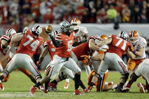 Ohio State quarterback Braxton Miller (5) stands back to throw during the second half of the Orange Bowl NCAA college football game, Friday, Jan. 3, 2014, in Miami Gardens, Fla. Clemson defeated Ohio State 40-35. (AP Photo/Lynne Sladky)