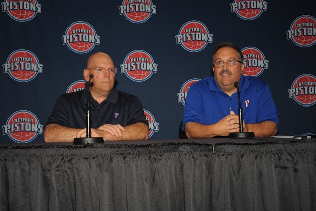 AUBURN HILLS - JUNE 4: Detroit Pistons Head Coach and President of Basketball Operations Stan Van Gundy introduces new Detroit Piston General Manager Jeff Bower at a press conference on June 4, 2014 at Palace of Auburn Hills in Auburn Hills, Michigan.NOTE TO USER: User expressly acknowledges and agrees that, by downloading and/or using this photograph, User is consenting to the terms and conditions of the Getty Images License Agreement.  Mandatory Copyright Notice: Copyright 2014 NBAE (Photo by Allen Einstein/NBAE via Getty Images)