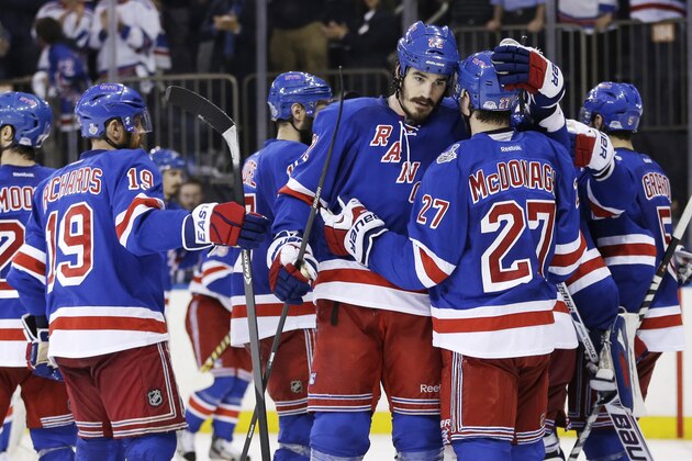 New York Rangers center Brian Boyle (22), center, greets defenseman Ryan McDonagh (27) after the Rangers beat the Los Angeles Kings 2-1 in Game 4 of the NHL hockey Stanley Cup Final, Wednesday, June 11, 2014, in New York. (AP Photo/Seth Wenig) New York Rangers center Brian Boyle (22), center, greets defenseman Ryan McDonagh (27) after the Rangers beat the Los Angeles Kings 2-1 in Game 4 of the NHL hockey Stanley Cup Final, Wednesday, June 11, 2014, in New York. (AP Photo/Seth Wenig)