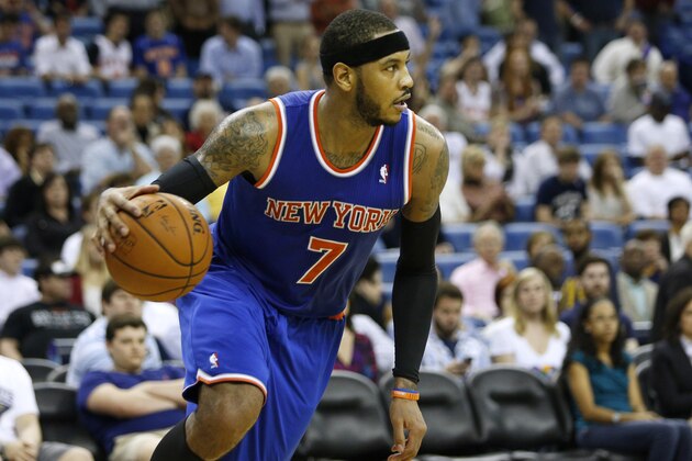 New York Knicks small forward Carmelo Anthony (7) drives with the ball during the second half of an NBA basketball game in New Orleans, Wednesday, Feb. 19, 2014. The Knicks won 98-91. (AP Photo/Jonathan Bachman) New York Knicks small forward Carmelo Anthony (7) drives with the ball during the second half of an NBA basketball game in New Orleans, Wednesday, Feb. 19, 2014. The Knicks won 98-91. (AP Photo/Jonathan Bachman)