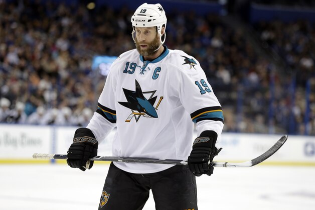San Jose Sharks center Joe Thornton (19) against the Tampa Bay Lightning during the third period of an NHL hockey game Saturday, Jan. 18, 2014, in Tampa, Fla. (AP Photo/Chris O'Meara)