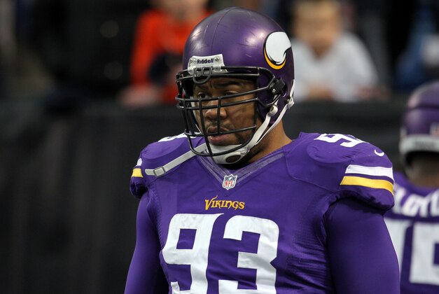 Dec 1, 2013; Minneapolis, MN, USA; Minnesota Vikings defensive tackle Kevin Williams (93) looks on prior to the game against the Chicago Bears at Mall of America Field at H.H.H. Metrodome. Mandatory Credit: Brace Hemmelgarn-USA TODAY Sports