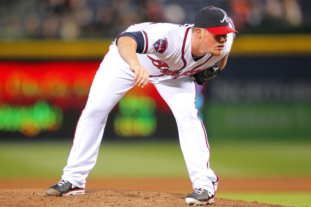 Atlanta Braves relief pitcher Craig Kimbrel prepares to wind up and deliver in the ninth inning of the baseball game against the New York Mets, Wednesday, April 9, 2014, in Atlanta. The Braves won the game 4-3. (AP Photo/Todd Kirkland)