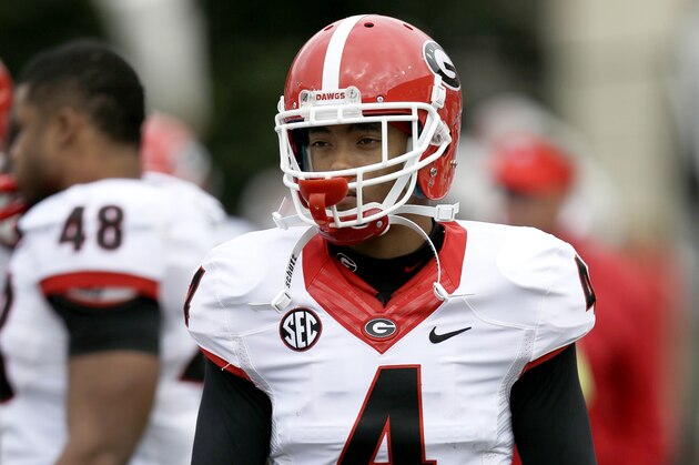 Georgia cornerback Brendan Langley (4) talks onto the field in the third quarter of an NCAA college football game against Vanderbilt on Saturday, Oct. 19, 2013, in Nashville, Tenn. Vanderbilt upset Georgia 31-27. (AP Photo/Mark Humphrey)